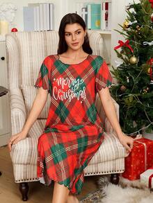 Women's Red Plaid Christmas Nightgown,Short Sleeve Contrast Trim Plaid Print Christmas Pajamas,Summer Cute Modest Sleep Sleepwear Holiday Nightgown - Multicolor - View 6