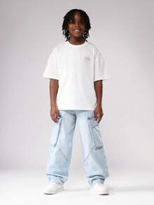 SUMWON Society White 常规版型图案 T 恤经典休闲棉质基本款夏季基本款圆领街头短袖简约设计青年基本款