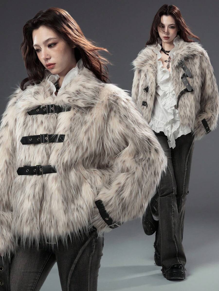 ROMWE Grunge Punk Abrigo reversible holgado de cuello alto con estampado de lunares y cuello de piel sintética, versátil, elegante y de estilo urbano para mujer en otoño/invierno y Halloween