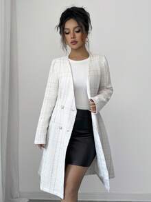 Rafferiza 女士优雅羊毛混纺格子大衣，V 领双排扣夹克，采用厚粗花呢面料 - 彩色 - 查看 5