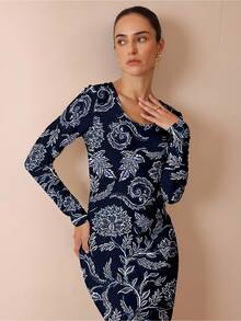 Glamance Shutterstock 藏蓝色复古印花休闲优雅修身弹力连衣裙，适合日常穿着、工作、外出、办公室、旅行、派对、约会等场合，秋冬季外出优雅连衣裙，时尚别致的服装系列 - 彩色 - 查看 3