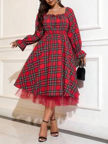 Gownix Váy lưới kẻ caro dự tiệc thời trang cỡ lớn - Đỏ - Xem 7