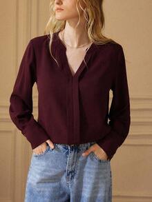 Écloséra Solid Notched Buttoned Cuff Blouse,Long Sleeve Tops Fall Cloth For Women - Burgundy - View 4