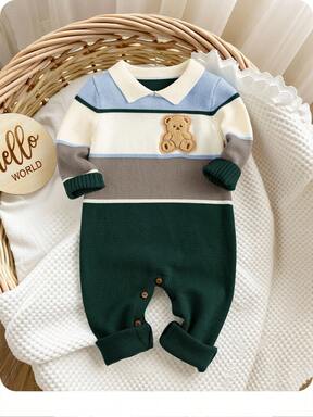 SHEIN Newborn Baby Boy/Girl Cute Colorblock Cartoon Pattern Polo Collar Long Sleeve Romper Jumpsuit, Autumn/Winter Fall