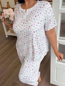 CottageSlumber Conjunto de pijama plus size romântico com blusa e calça de malha floral, conjunto de pijama floral feminino, conjunto de pijama floral rosa, conjunto de pijama de 2 peças, conjunto de pijama com flor de cerejeira - Branco - Ver 5