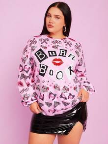 Mean Girls X SHEIN Damen Große Größen Sweatshirt mit Buchstaben- und Roter Lippen Muster, locker geschnitten mit Drop-Shoulder, lässig für Frühling & Herbst, süßer Baddie Y2K 80er Jahre Stil