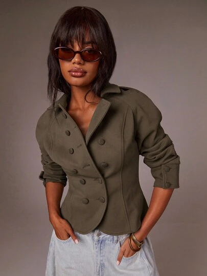 Athîral Chaqueta casual de mujer de unicolor con mangas raglán y doble botonadura, para otoño