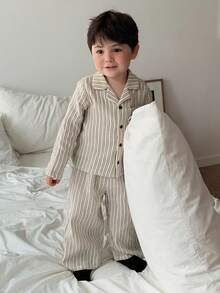 Hapijoa 两件套幼儿男童韩版条纹衬衫和宽松裤子睡衣套装 - 米色 - 查看 1