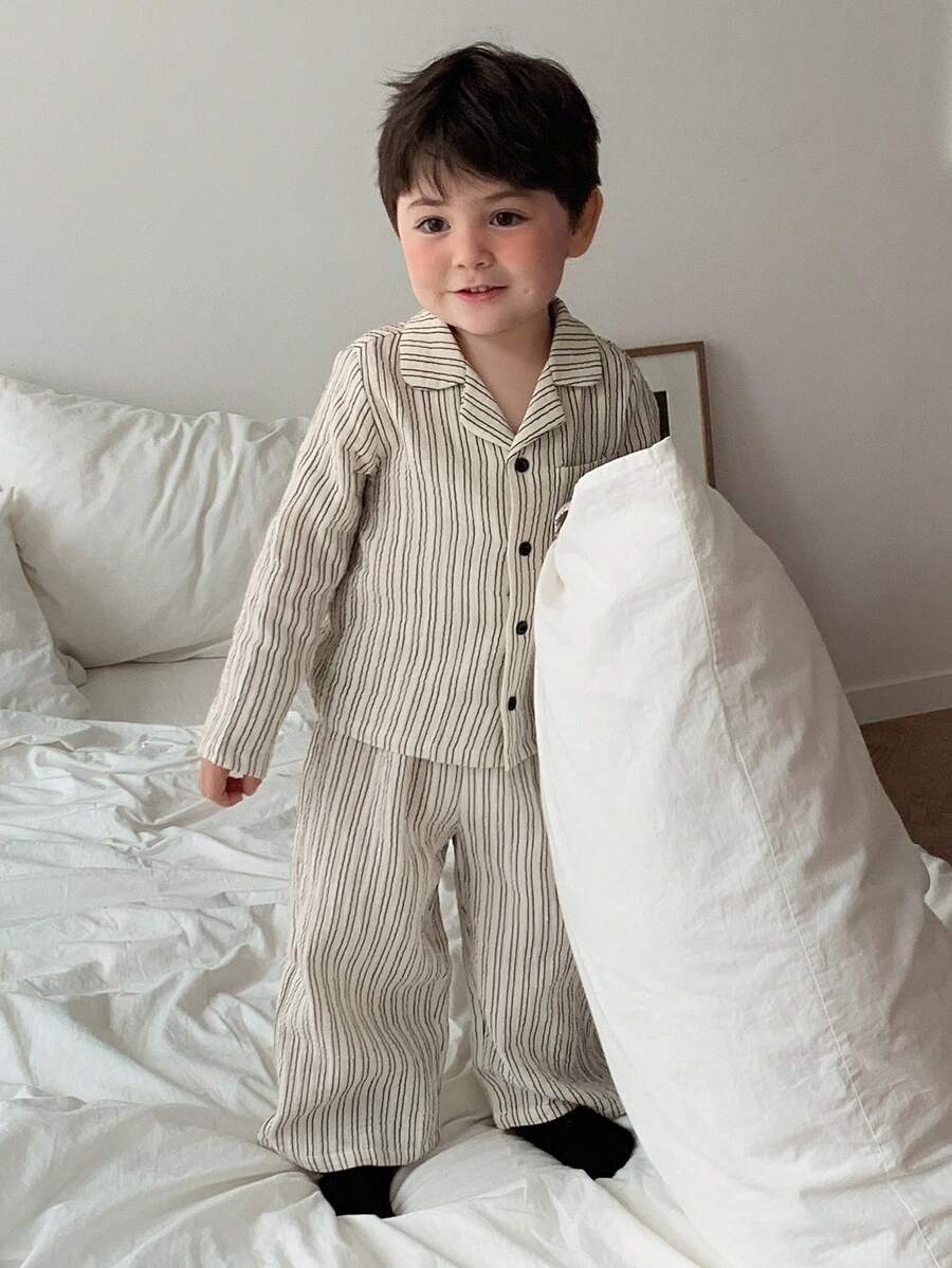 Hapijoa 两件套幼儿男童韩版条纹衬衫和宽松裤子睡衣套装 - 米色 - 查看 1