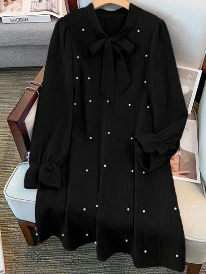 Regalyn Plus Size Women's Long Sleeve Dress With Pearl Decoration & Bow Tie Neck Decor Fall Cloth For Women