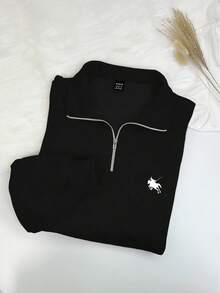 SHEIN EZwear Women's Loose Fit Pony Print Half Zip Sweatshirt, Suitable For Autumn/Winter,Fall - Black - View 7