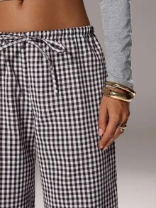 TRNVIE 1 条女士棕色休闲裤，复古美式风格，松紧腰带抽绳，棉质格子，宽松版型，优雅 - 棕色 - 查看 6