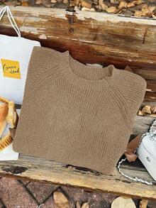 Firerie Plus Size Loose Knit Sweater With Hollow Bow Knot Decor, Plus Size Cute Fall Pullover In Beige Brown Sweater Brown Long Sleeve Top/Winter - Khaki - View 3