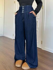 SHEIN Tall CURVE Plus Size Fall Autumn Winter Back To School Homecoming Halloween Christmas Streetwear Birthday Outfit Airport Outfit Business Casual Woman Country Vintage Modest Old Money Business Casual Woman Work Clothes Women Loose Fit Button Front Pocket Wide Leg Casual Jeans Fleece-Lined Blue Jeans Vintage Inspired High Rise Women Jeans In Wide Leg Design For Effortless Chic