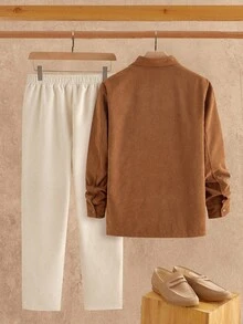HIMLAND 2pcs/Set Men's Casual Corduroy Long Sleeve Slim Fit Shirt And Drawstring Waist Straight Leg Pants Set, Earthy Clothes Outfit, Linen Two Piece Set, Fall
