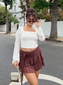 NegzBox Women's Multi-Layer Ruffle Trim Low Rise Y2K Mini Black Skirt - Coffee Brown - View 1