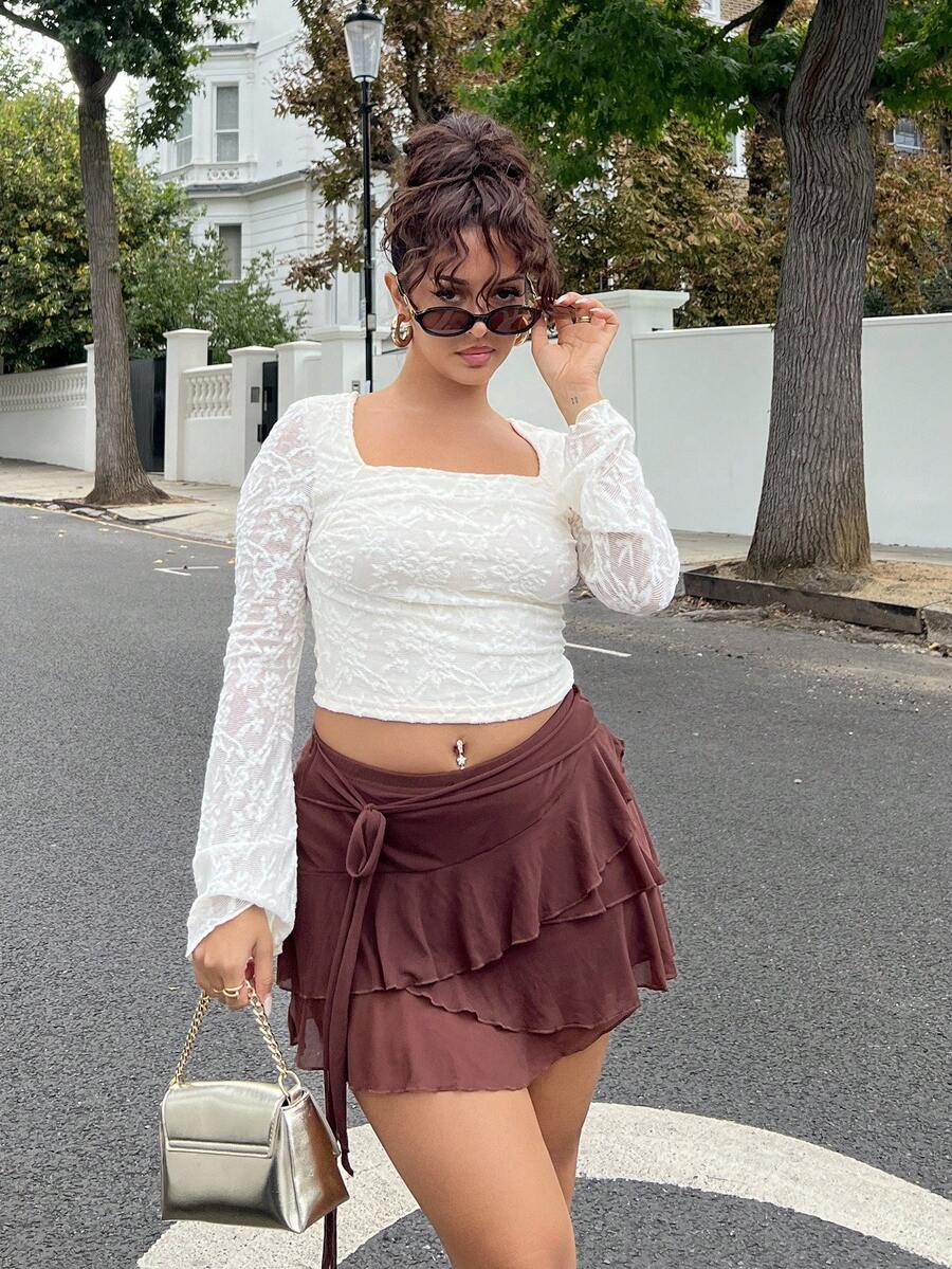 NegzBox Women's Multi-Layer Ruffle Trim Low Rise Y2K Mini Black Skirt - Coffee Brown - View 1