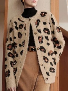 Uhlyne Uhlyne French Retro Leopard Print Embellished Studded Fluffy Knit Cardigan, For Spring And Autumn Fall Winter Elegant Casual Versatile Holiday Commute Daily , Small Round Neck Collar With Rhinestone Trim, Cuff With Rhinestone Trim, Leopard Jacquard Velvet Texture, Loose Fit, Old Money Style - Camel - View 9