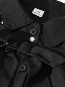 Sparklyn 女童衬衫，泡泡长袖，肩部珍珠装饰，可拆卸蝴蝶结装饰，宽松版型，活力风格，舒适面料，适合与背带裙搭配或作为内衣，春秋季 - 黑色 - 查看 6