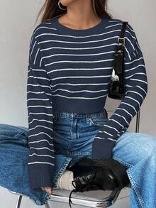 Chiquease Suéter holgado y casual a rayas y corto para mujer