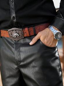 Manfinity Nomadique Men's PU Leather Pants, Versatile Fashion Casual Straight-Leg Trousers, Fall Winter