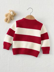 Cozy Pixies Baby Boy Cartoon Bear Striped Pattern Crew Neck Long Sleeve Sweater Fall Winter