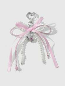 ROMWE Kawaii 1 件优雅休闲手工串珠白色人造珍珠水晶粉红丝带蝴蝶结蝴蝶翅膀心形吊坠钥匙扣和钥匙圈，适合女性、日常佩戴或礼物 - 粉色 - 查看 11