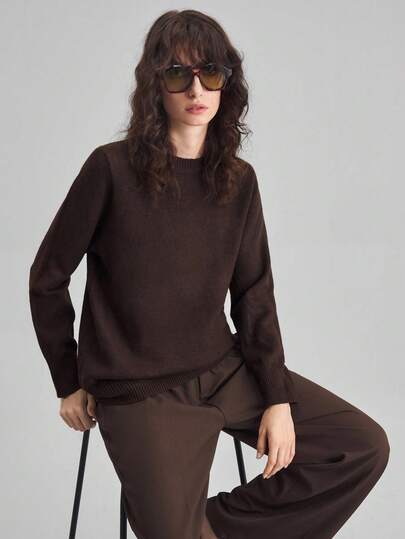 Ontre 2026SS New Arrival, Wool Blend Party & New Year Sweater, Women's Winter Clothing, Versatile Daily Wear, Deep Coffee Solid Color Loose Fit, Business/Commute, Round Neck, Minimalist Elegant, Urban Chic, Suitable For Halloween, Christmas, Weddings, Parties, Holidays, Teachers, Comfortable & Fashionable Women Sweater Modern Urban Casual Fashion Business Casual Women's Office Wear Low-Key Old Money Style Effortless Temperament High-End Urban Commuting High-Quality Airport Women's Wear High-End Materi