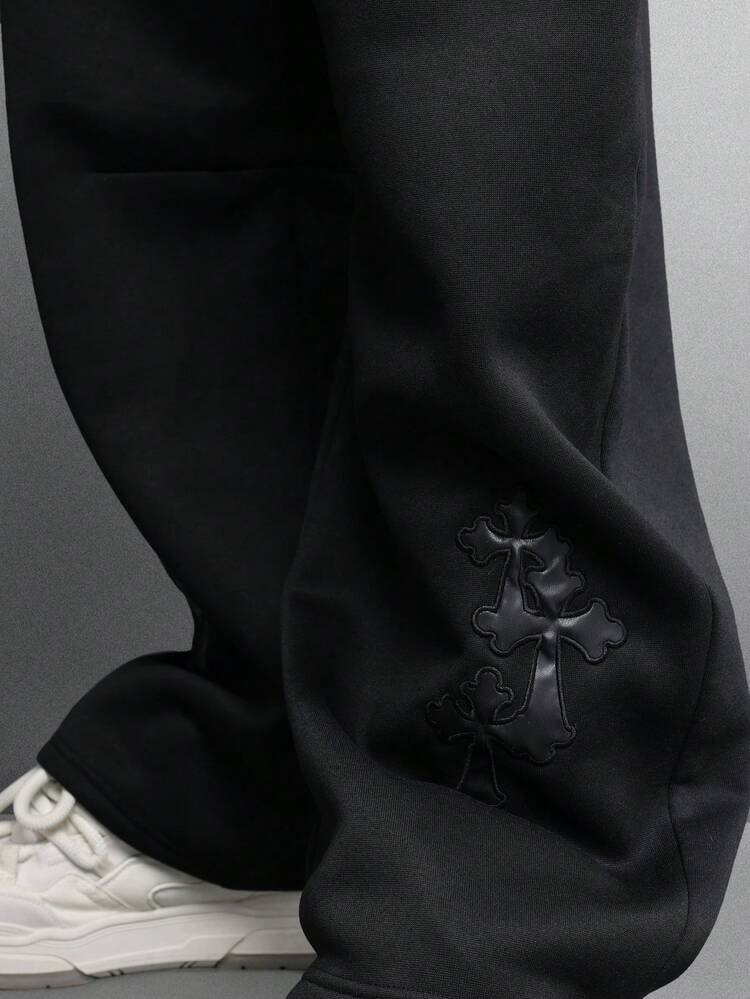 Black Loose Sweatpants With Chrome Cross Applique