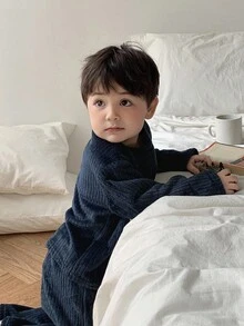 DAZY 2pcs/Set Baby Boys' Comfortable Casual Homewear Set, Round Neck Fall,Winter Thermal Lined Toddler - Navy Blue - View 3