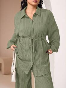 Veilorie 2pcs Plus Size Plain Front Button Long Sleeve Casual Blouse And Pants Set 2 Pieces Set - Green - View 5