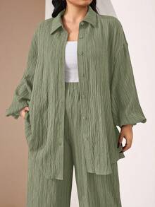 Veilorie 2pcs Plus Size Plain Front Button Long Sleeve Casual Blouse And Pants Set 2 Pieces Set - Green - View 6