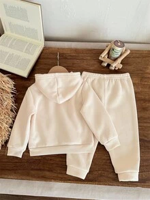 SHEIN 爸爸的小女孩印花女婴 2 件套衣服套装柔软针织连帽衫运动衫和宽松裤子，休闲