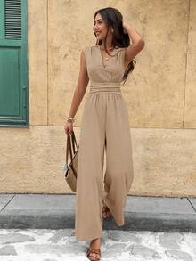 Serisse 女式休闲纯色无袖连体裤，夏季 - 杏色 - 查看 7