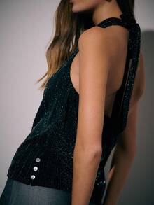 Nöista Black Halter Neck Top With Fine Pinstripe Detailing And Draped Neckline;An Elegant Suited To Chic Evening Wear, Formal Tops Refined Party Looks - Black - View 2