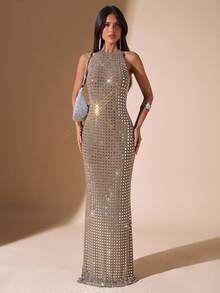 SHEIN BAE Váy dạ hội thanh lịch, thích hợp cho tiệc tùng, hộp đêm, tiệc cocktail, tiệc tối, dạ hội, dạ hội, dạ hội - Màu Khaki - Xem 1