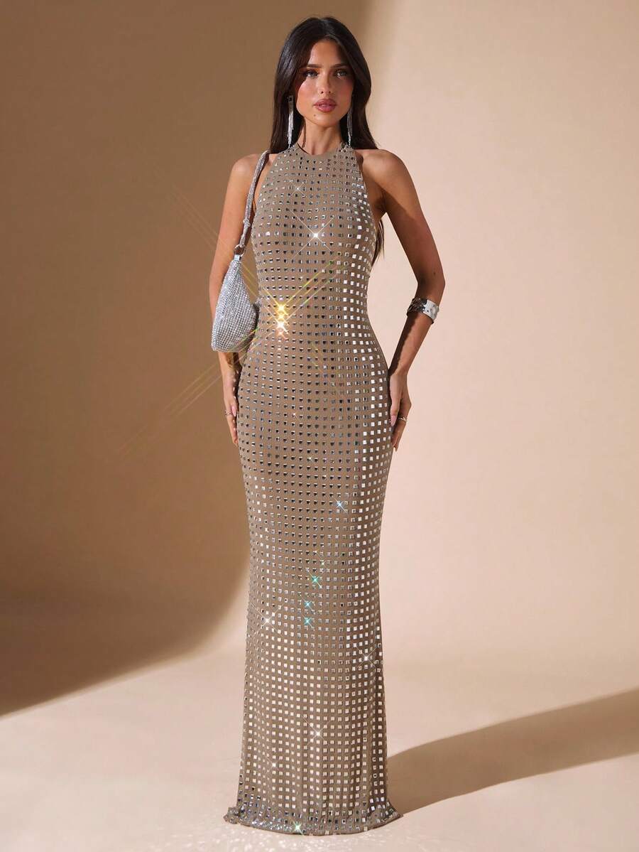 SHEIN BAE Váy dạ hội thanh lịch, thích hợp cho tiệc tùng, hộp đêm, tiệc cocktail, tiệc tối, dạ hội, dạ hội, dạ hội - Màu Khaki - Xem 1