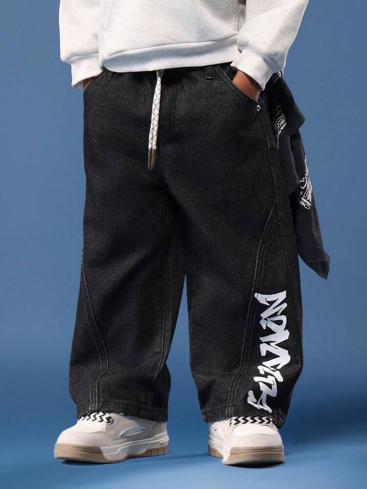 Wide Leg Denim Jeans With Graffiti Print Design