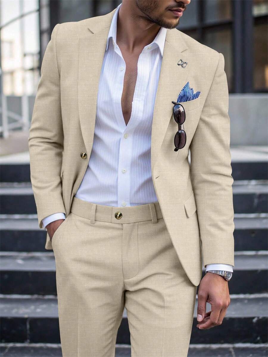 Calvornis 男士休闲商务两件套西装,纯色西装套装夹克和裤子,简约时尚休闲日常穿着婚礼西装舞会西装男士,适合情人节周年纪念日等场合,是送给男朋友或丈夫的绝佳礼物。 - 卡其色 - 查看 1