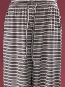 SUMWON Ribbed Knit Striped Co-Ord Two Piece Set Long Sleeve Crop Top Wide Leg Pants Wear Casual Fall Winter Outfit