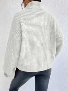 SHEIN 女士纯色高领落肩长袖休闲宽松套头衫，秋冬 - 白色 - 查看 2
