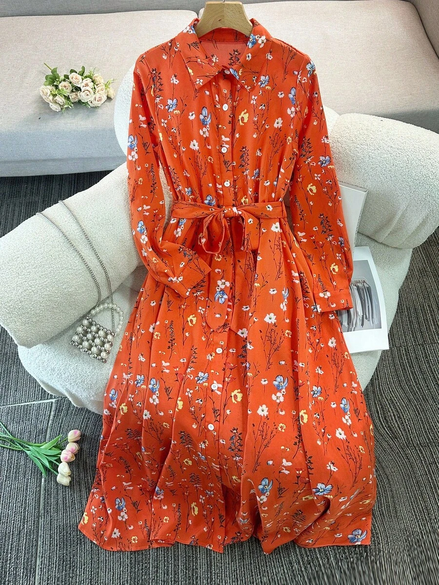 Franclia Đầm Maxi họa tiết hoa đơn giản cổ bẻ màu xanh dành cho nữ - Đỏ - Xem 1
