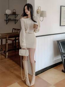 DAZY 女士斜肩修身迷你连衣裙，秋冬毛衣裙 - 米色 - 查看 6
