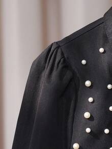 Sparklyn 女童衬衫，泡泡长袖，肩部珍珠装饰，可拆卸蝴蝶结装饰，宽松版型，活力风格，舒适面料，适合与背带裙搭配或作为内衣，春秋季 - 黑色 - 查看 4