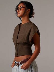 Athîral Women's Solid Color Single-Breasted Cropped Casual Knit Vest, Autumn,Fall,Brown Sweater - Brown - View 5