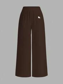 SHEIN EZwear 棕色马匹印花女士休闲裤，适合夏季、度假 - 棕色 - 查看 2