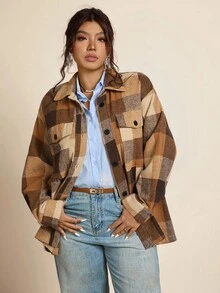 Zelara 大码休闲复古格子棕色西部风秋季外套，返校季西部服饰，女士街头风复古棕色格子纽扣外套，秋冬办公生日时尚冬季商务万圣节圣诞节秋季派对 - 彩色 - 查看 5