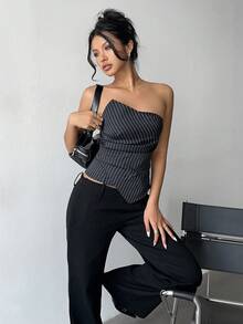 Aloruh Women's Autumn/Winter New Commuting Daily Outing Waist-Cinched Tight Asymmetric Pleated Striped Dark Gray Top - Dark Grey - View 6