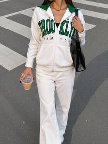 SHEIN Unity Letter Graphic Zip Up Drop Shoulder Hoodie Pullover Fall - White - View 3