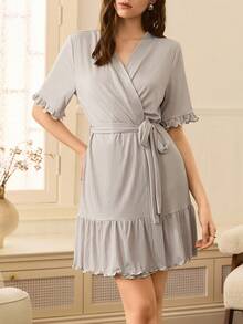 Moireta Bata cómoda y casual para mujer con dobladillo con volantes - Gris - Ver 3